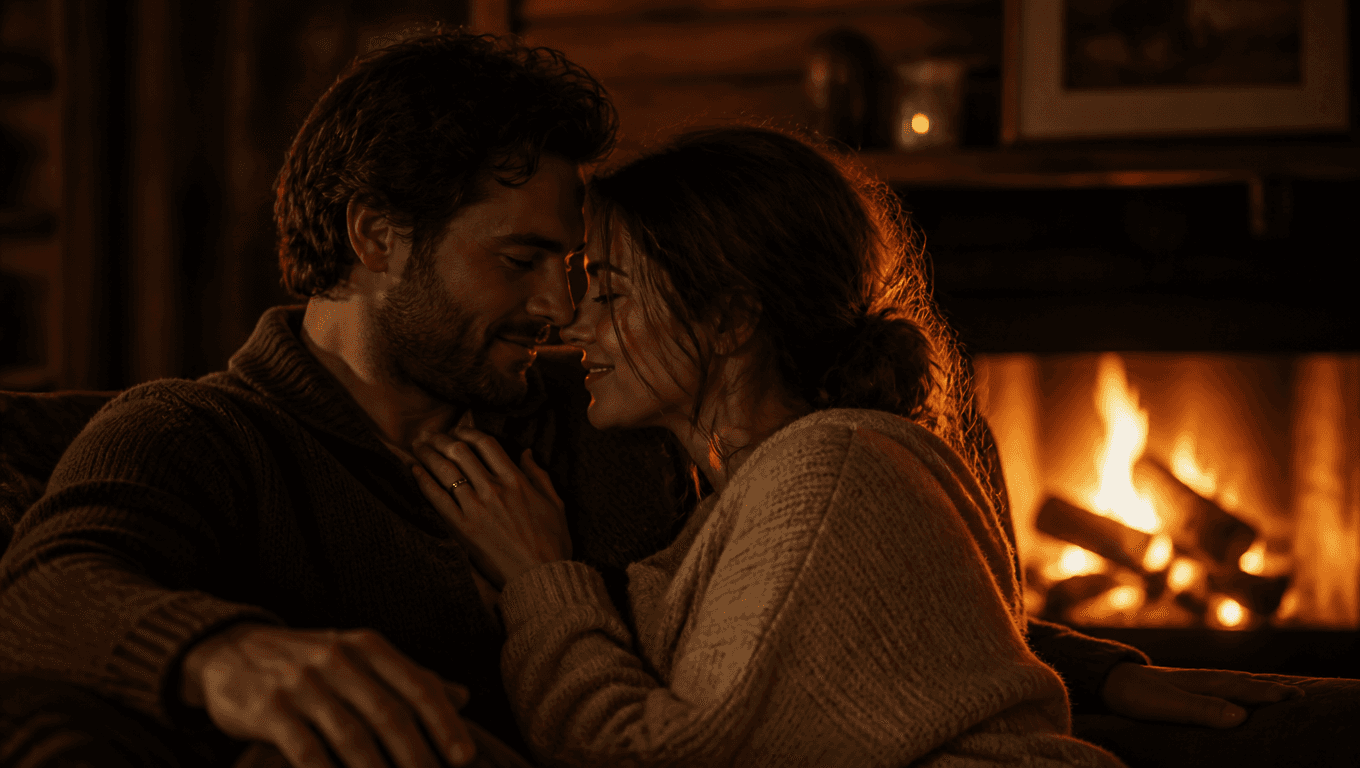 Couple by fireplace