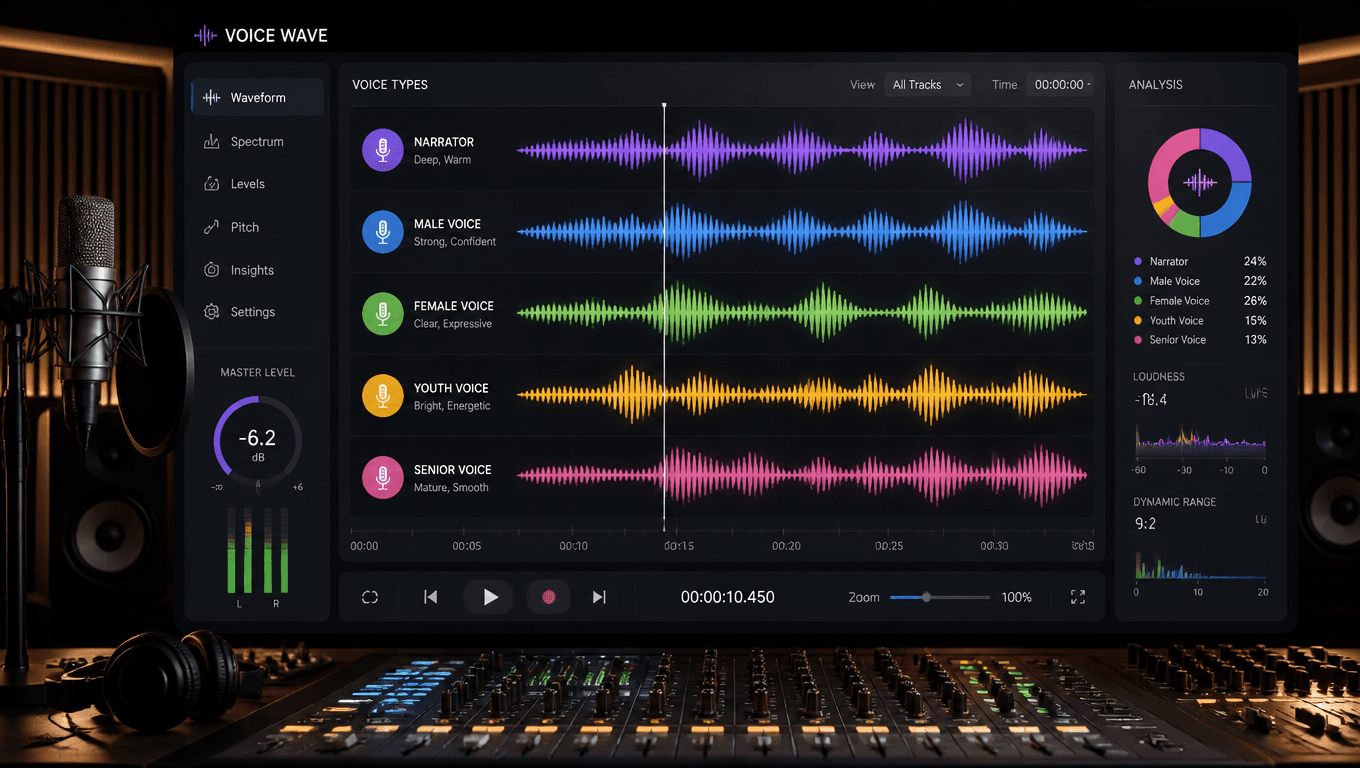 Voice waveform visualization showing different AI voice types