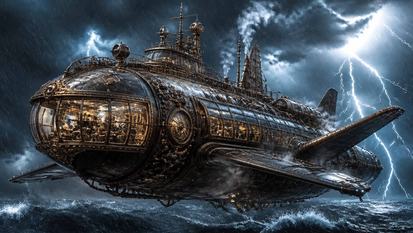 Airborne Steampunk Submarine in a Thunderstorm