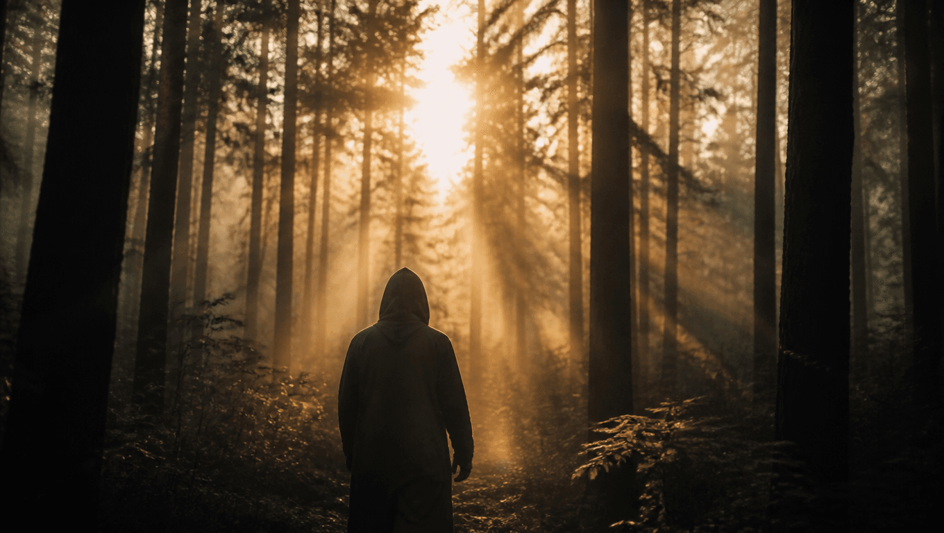 Lone figure in foggy forest