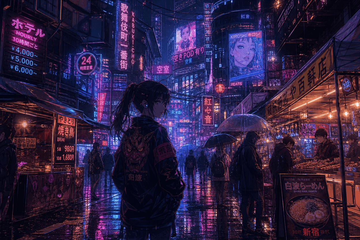 AI generated cyberpunk street market at night with anime style, created using Imgica AI text to image