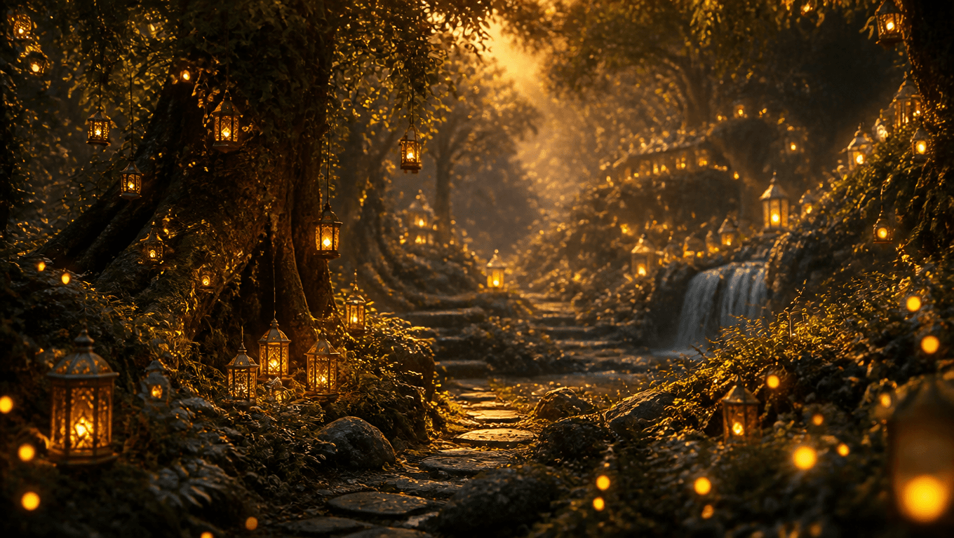 Mystical forest with fireflies