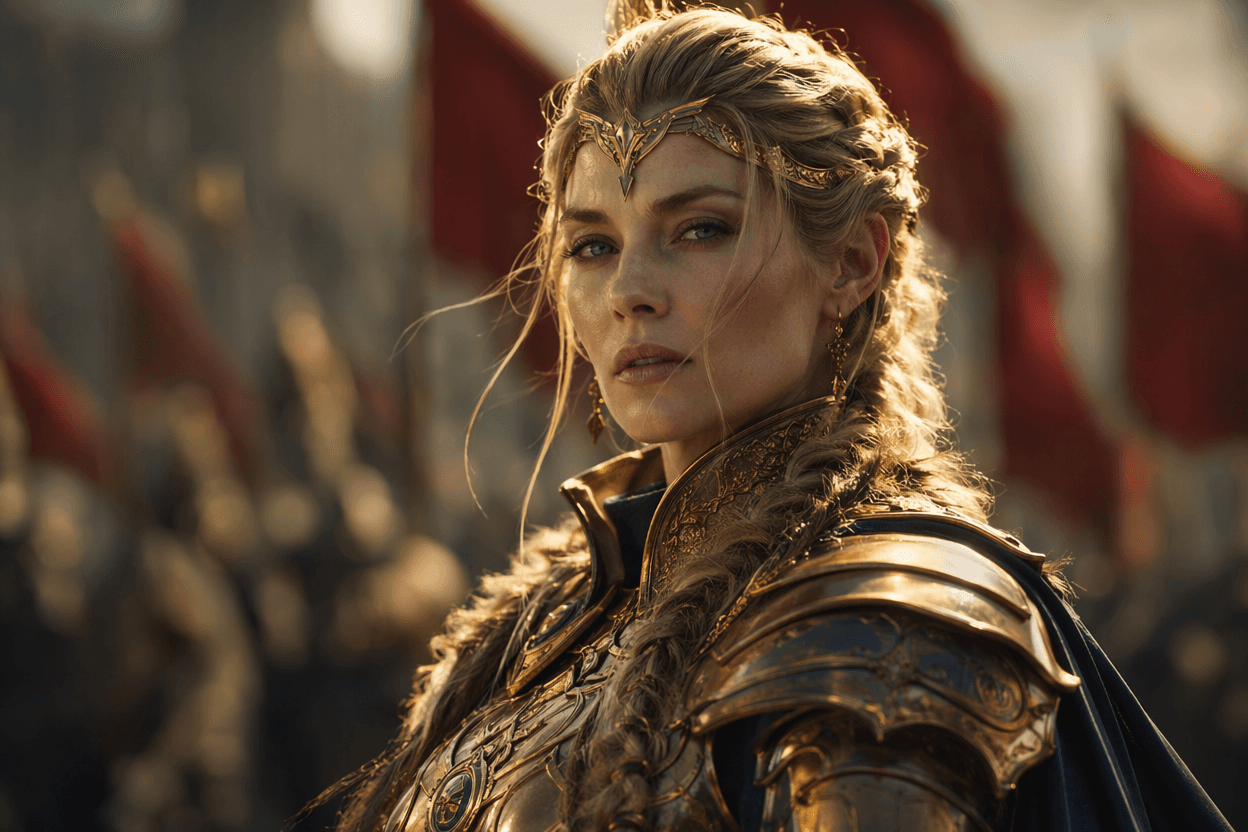 AI generated portrait of a warrior queen with golden armor, created with Imgica AI